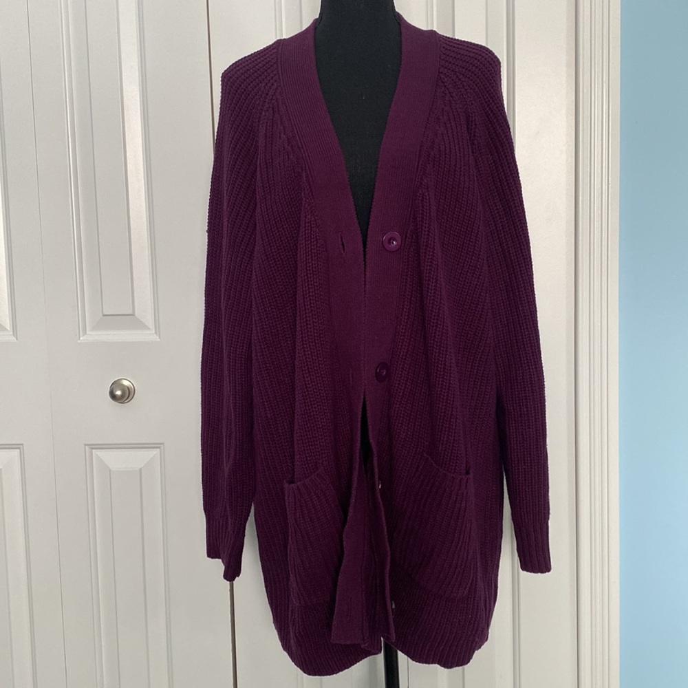 Woman Within 2X 26/28 Cable Knit Woven Purple Button Up Cardigan With Pockets - Picture 7 of 10